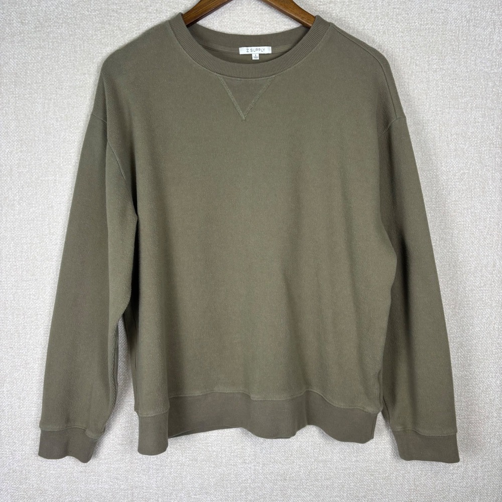 Z Supply Mens Olive Green Crewneck Sweatshirt Ribbed Cotton Blend Size Large